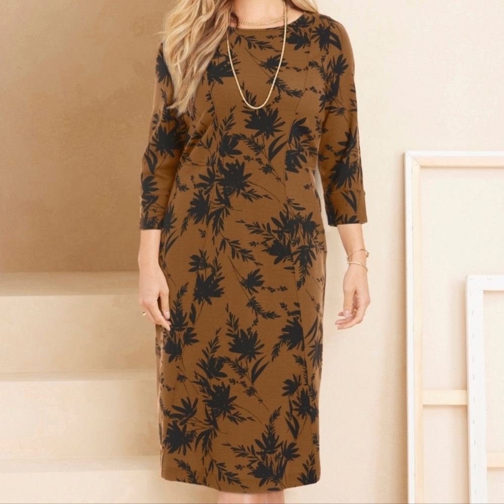 Liz & Me  Ponte Knit Dress In WALNUT BROWN LEAF